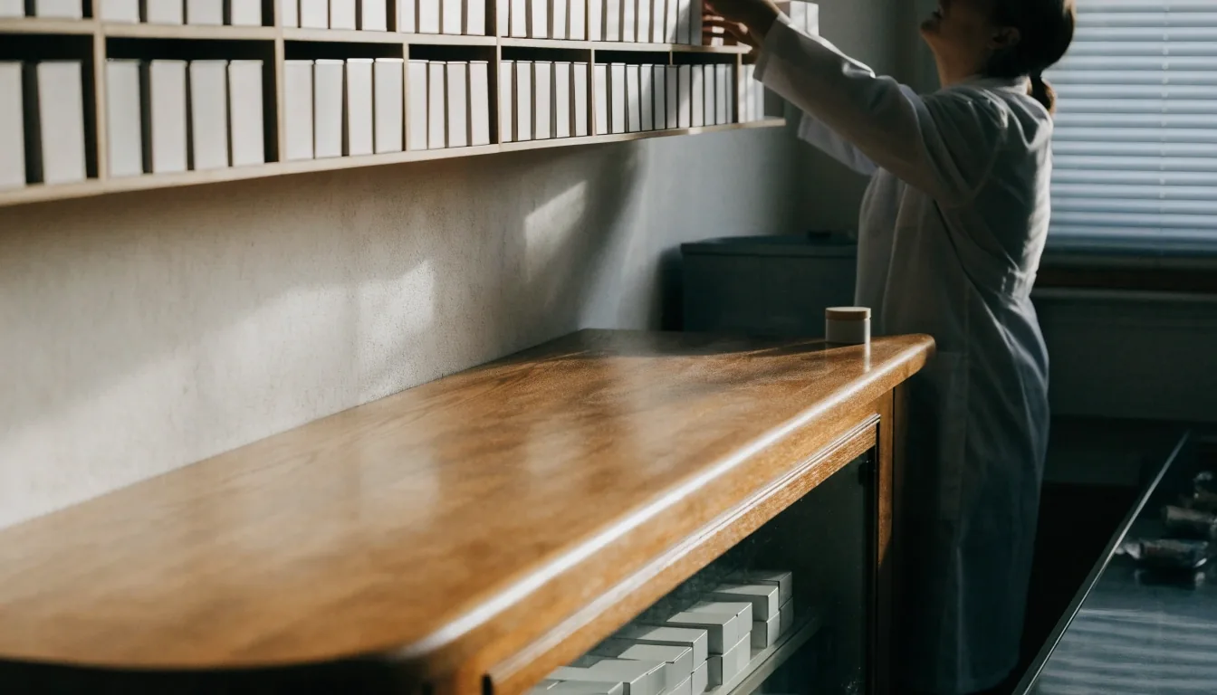 Étagère dans une pharmacie française avec boîtes sans étiquette et un plateau gris mat, en lumière intérieure douce