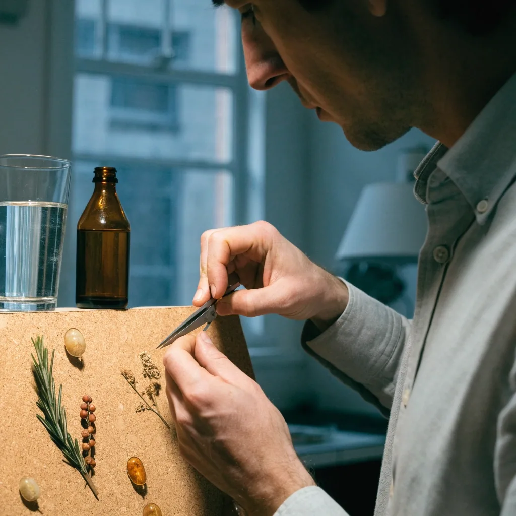 Plateau de spécimens botaniques séchés disposés sur un papier gris froid en lumière rasante