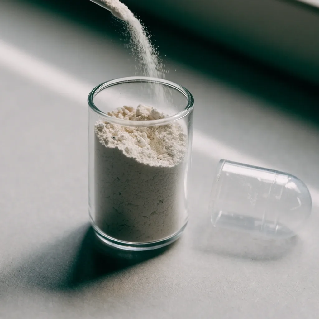 Dosette de verre contenant une poudre minérale pâle sur une table grise mate, lumière du jour diffuse