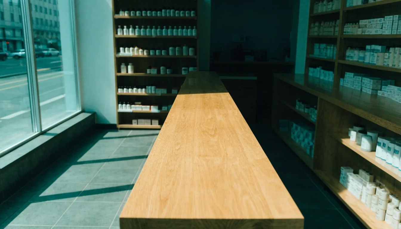 Comptoir et rayonnages d'une pharmacie française vus depuis la hauteur d'un client, boîtes et flacons sans étiquette sur des étagères en bois clair