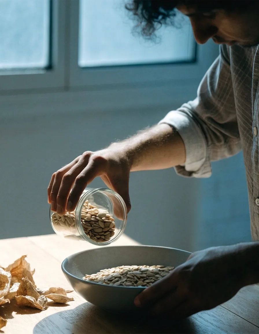Petit tas de graines de courge pâles sur fond mat gris, avec quelques enveloppes séchées