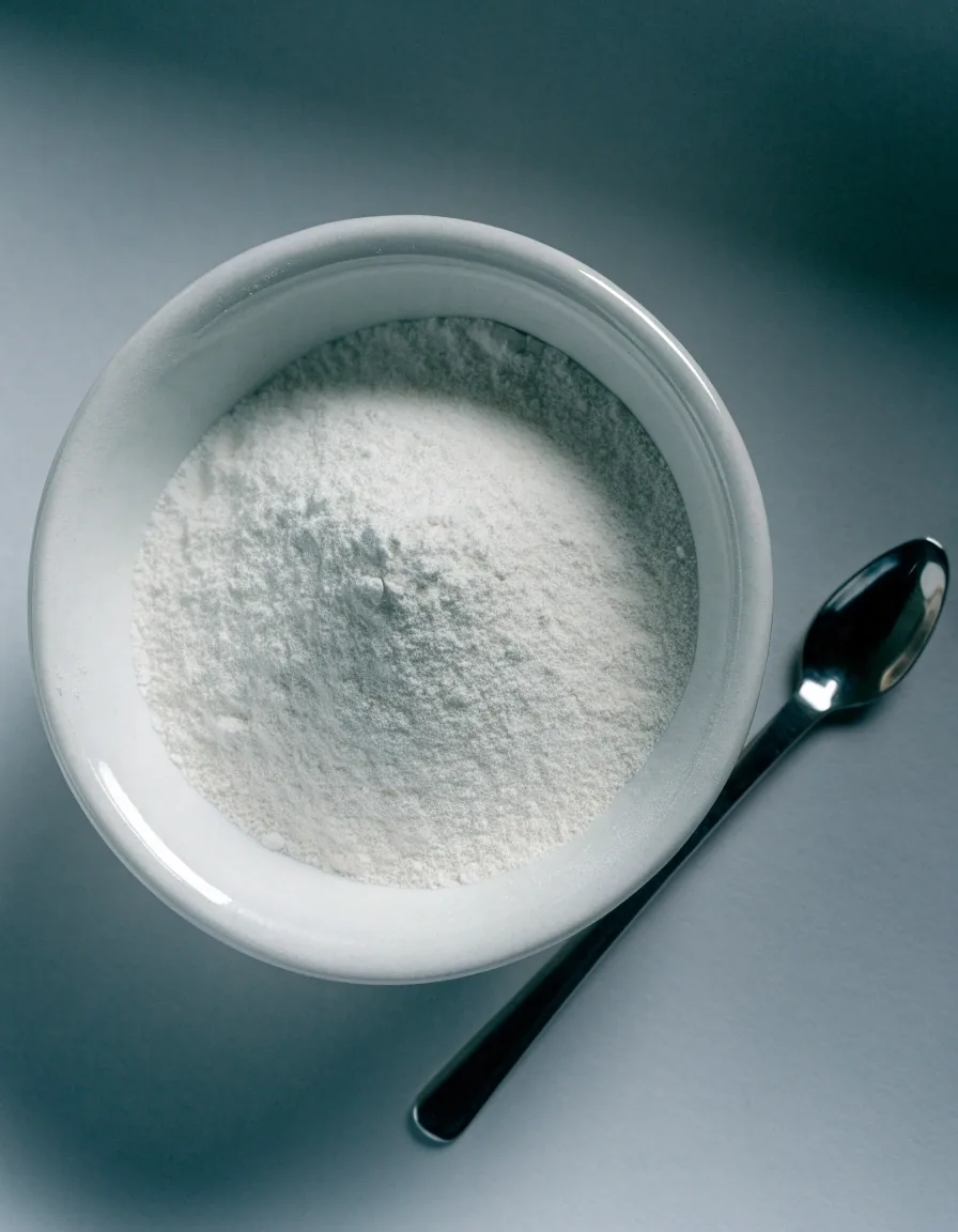 Petite coupelle en céramique blanche remplie de poudre minérale pâle, avec une cuillère doseuse en métal à côté