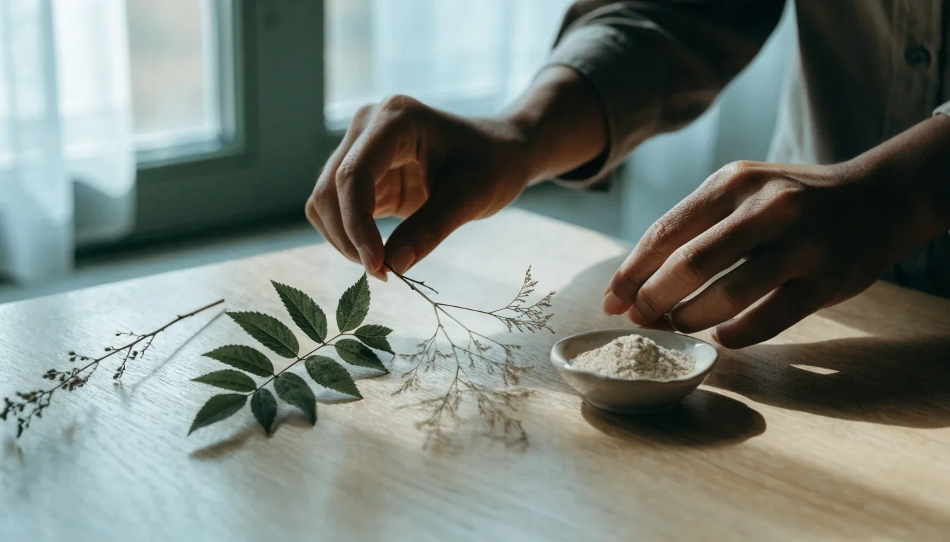 Trois brins de plantes séchées et un godet de poudre minérale alignés côte à côte sur un fond mat gris, éclairés en lumière d'hiver