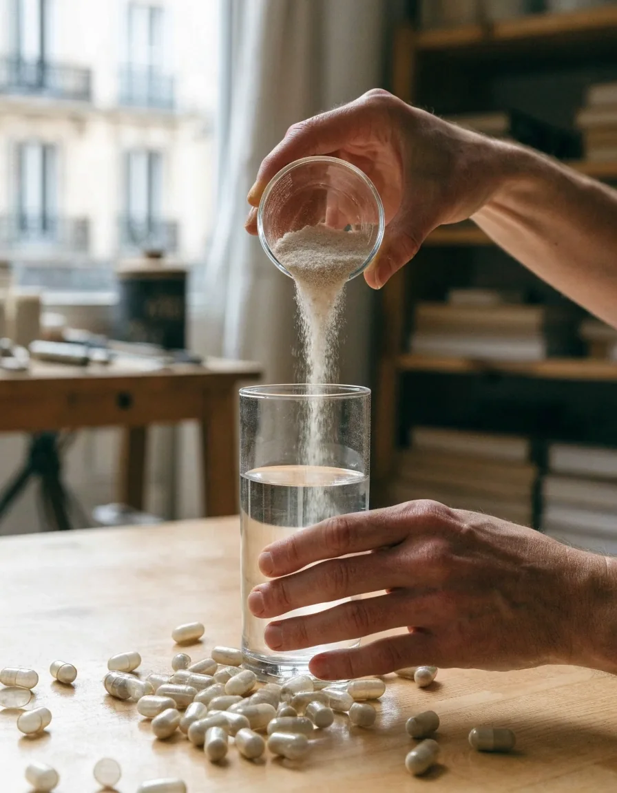 Gélules naturelles et poudre végétale disposées dans une coupelle grise