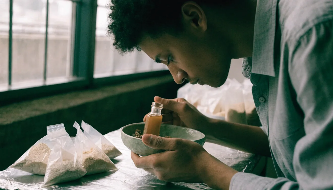 Petit flacon ambré posé dans une coupelle grise, lumière d'atelier