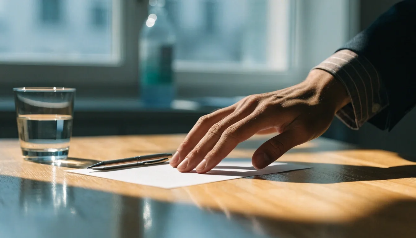 Table de travail grise près d'une fenêtre, lumière du matin