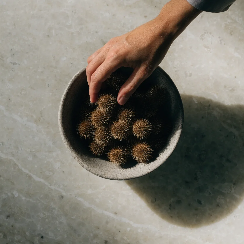 Fruits séchés de tribulus dans une coupelle ronde, vue de dessus