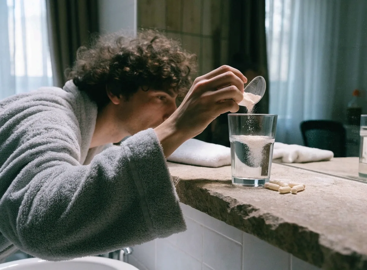Coupelle de verre contenant une poudre minérale pâle près d'un linge gris plié