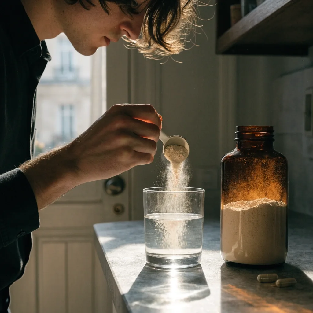 Gélule translucide et petit mont de poudre minérale pâle sur un papier gris
