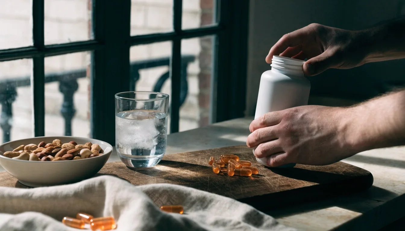 Table de petit-déjeuner avec verre d'eau, pain complet et petite coupelle de gélules