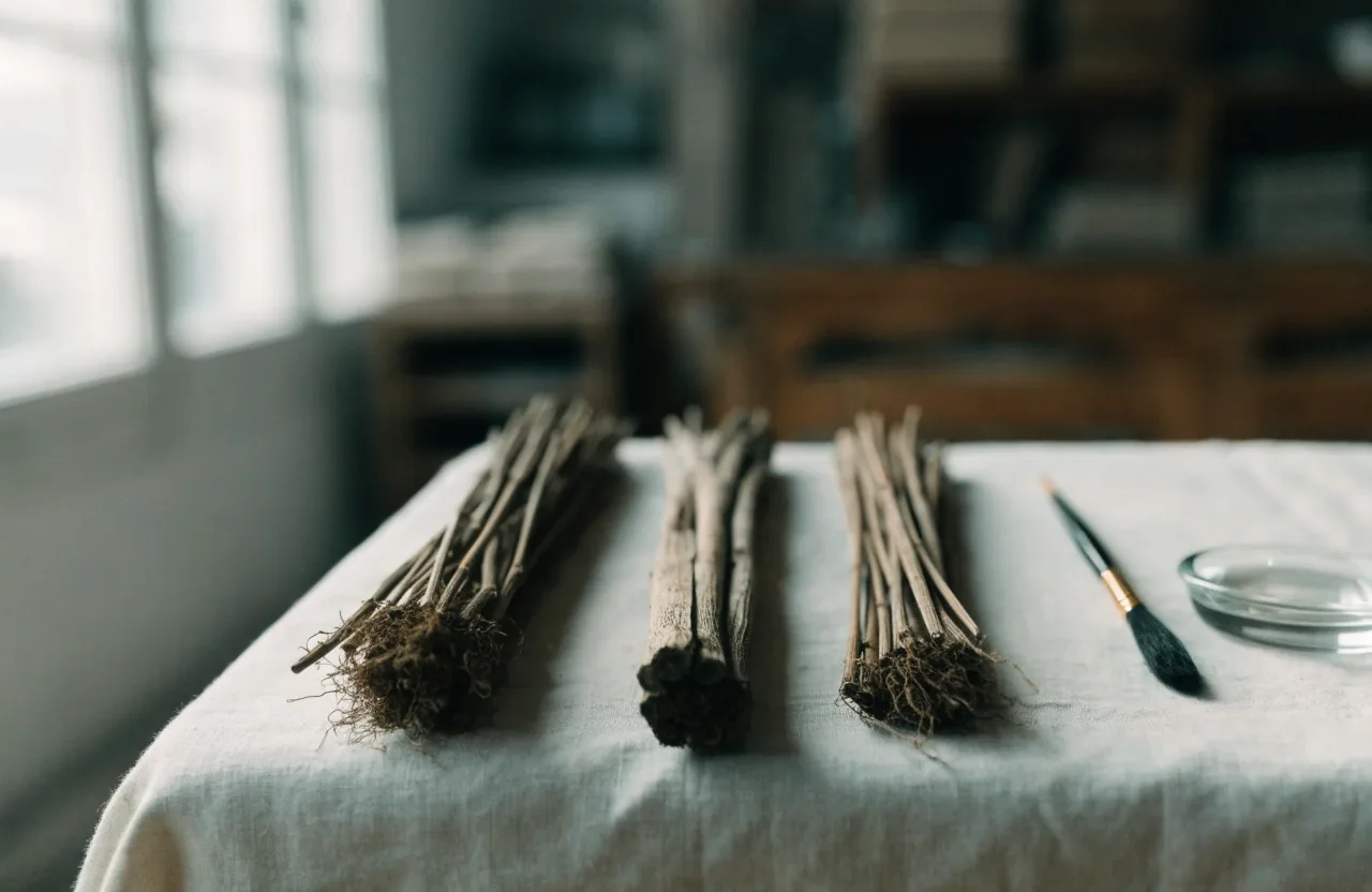 Trois brins de plantes séchées alignés côte à côte sur papier gris réglé